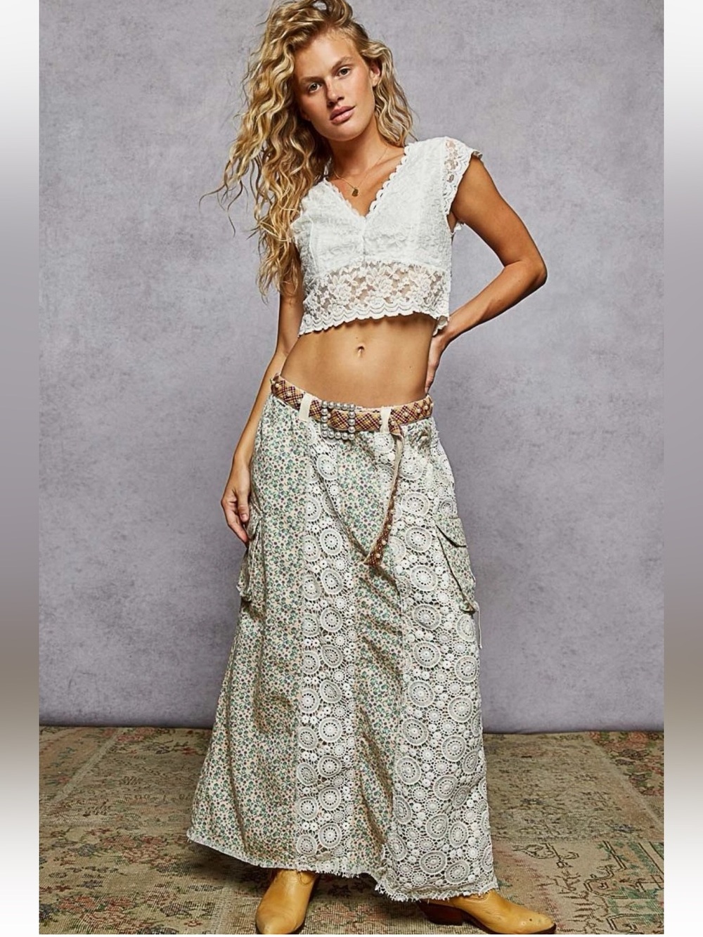 POL Boho Maxi Skirt in Cream and Green Floral Patchwork size Medium
